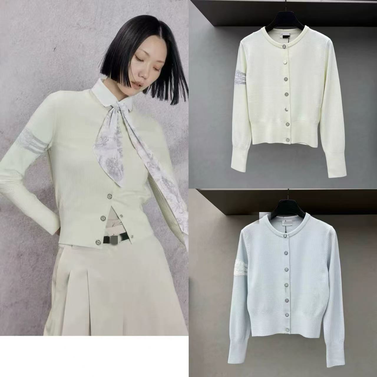 韩版高尔夫针织开衫女早秋新款蝴蝶结领带减龄高级感极简风上衣