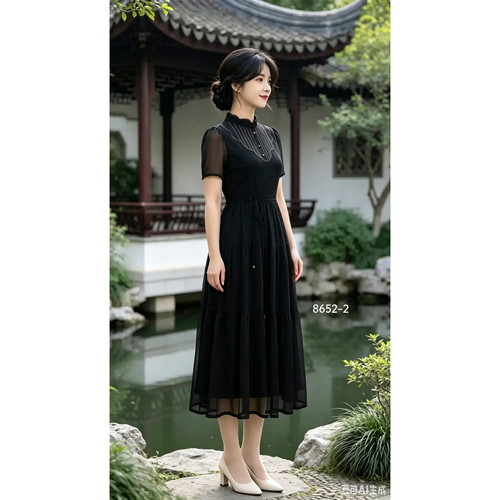 复古黑色蕾丝连衣裙女短袖A字裙高腰收腰显瘦洋气气质裙8652-2