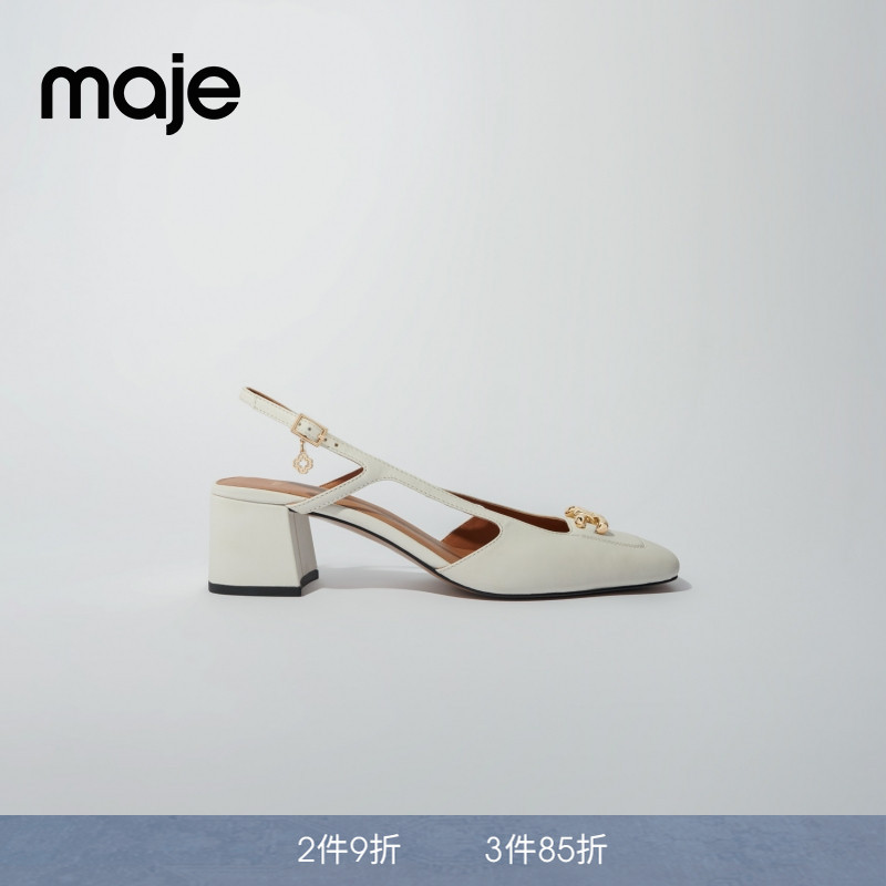 Maje春夏女士通勤穿搭法式时尚气质牛皮革淡褐色粗跟方头皮凉鞋