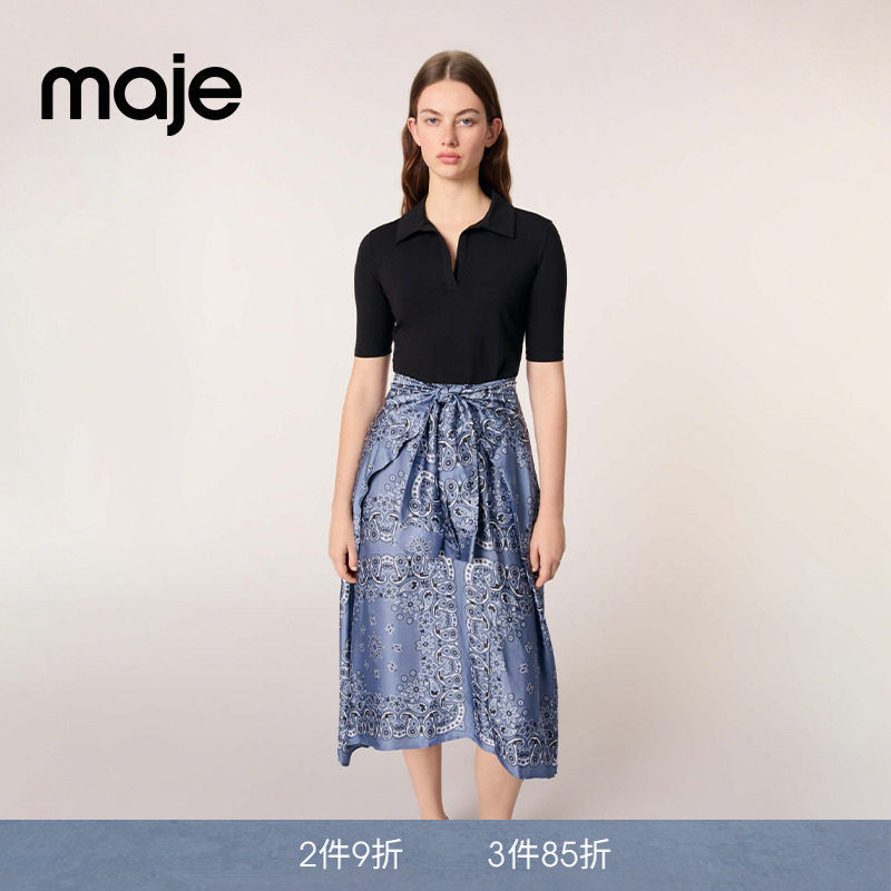 Maje春夏女装法式时尚优雅印花图案系带长款收腰拼接长款连衣裙