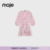 百褶短款 Maje2026春季 度假连衣裙 法式 花朵印花V领灯笼袖 新款 女装