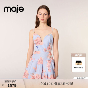 Maje2025春夏女装法式时尚花卉印花V领收腰短款吊带喇叭连衣裙