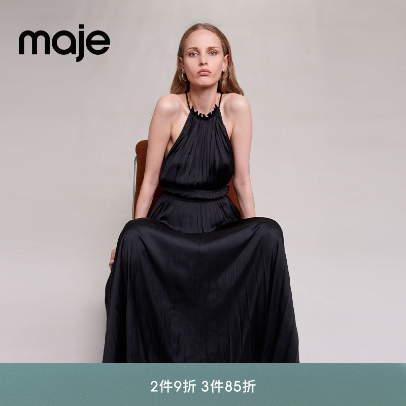 maje黑色褶皱挂脖连衣裙图片