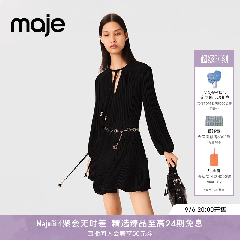 Maje春夏女装法式时尚气质优雅黑色V领风琴褶系带长袖短款连衣裙图片