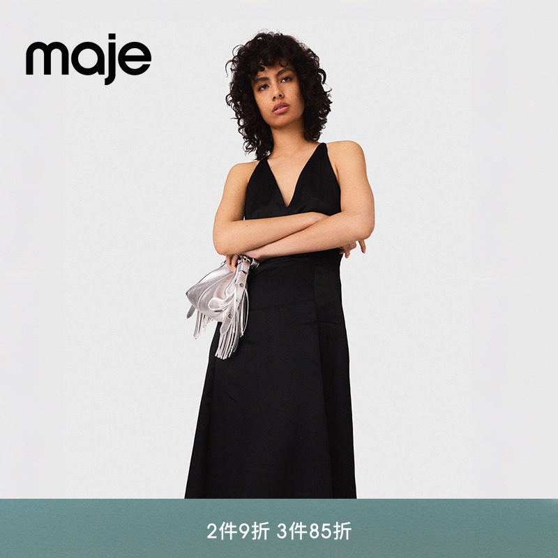 Maje法式V领露背收腰长款连衣裙图片