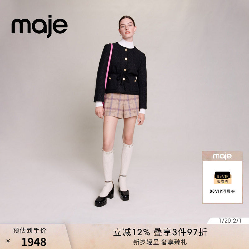 Maje秋冬女装法式时尚气质金色纽扣点缀系带收腰短款花呢外套上衣,女装/女士精品,短外套,淘宝优惠券,粉丝福利购,淘宝优惠卷
