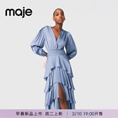 新款 女装 法式 Maje2026春季 时尚 蓝色V领收腰下摆荷叶边设计连衣裙