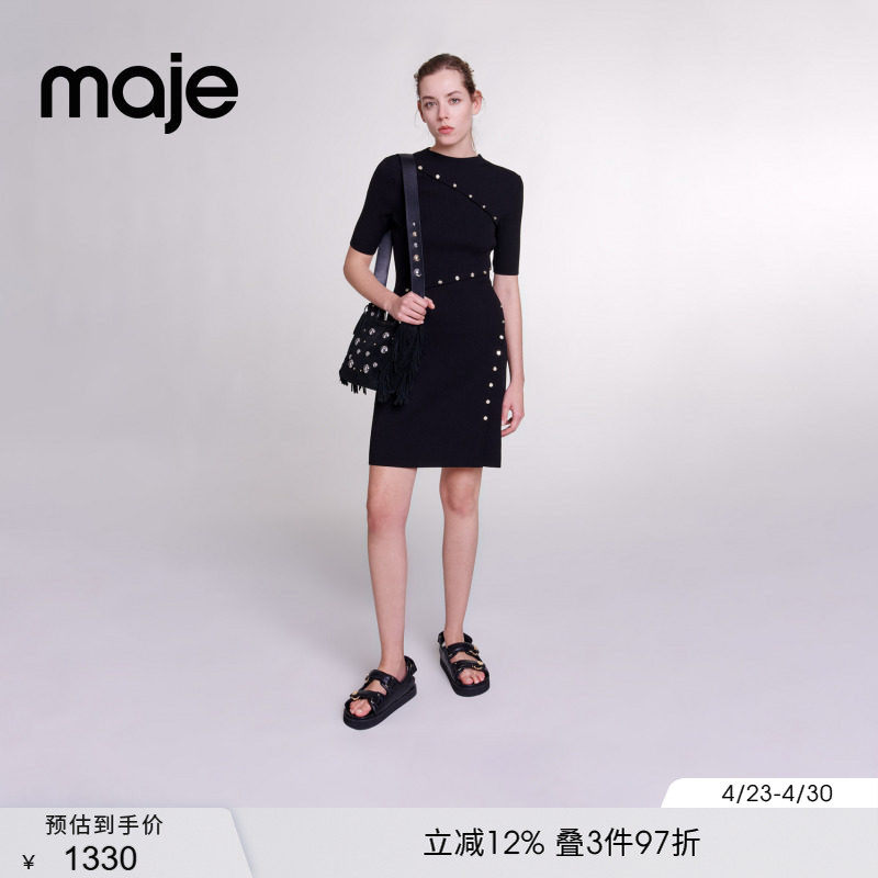 Maje春夏女装黑色纽扣装饰开叉设计圆领修身显瘦短款针织连衣裙