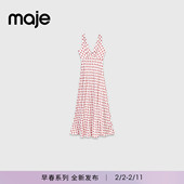 新款 女装 法式 Maje2026春季 浪漫度假红色花卉图案桑蚕丝长款 连衣裙