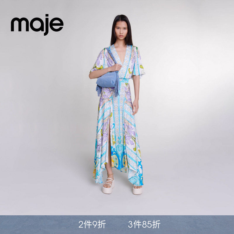 Maje春夏女装法式时尚简约气质度假风性感V领露背长款收腰连衣裙
