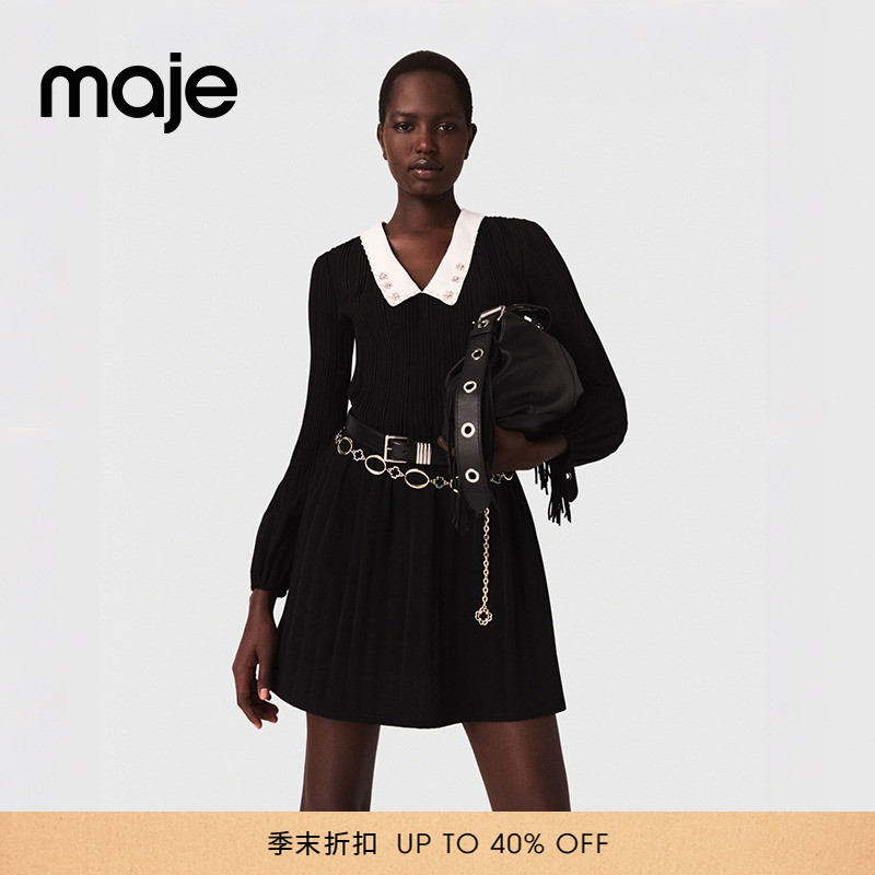 仿珍珠装饰娃娃领 黑白撞色短款款式