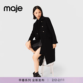 深蓝色双排金扣翻领长款 Maje2026春季 毛呢大衣 法式 时尚 新款 女装