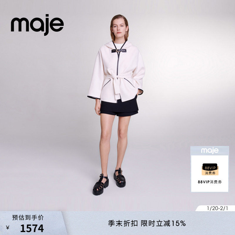 Maje春夏女装法式时尚白色羊毛混纺连帽系带收腰短款花呢外套上衣,女装/女士精品,短外套,淘宝优惠券,粉丝福利购,淘宝优惠卷