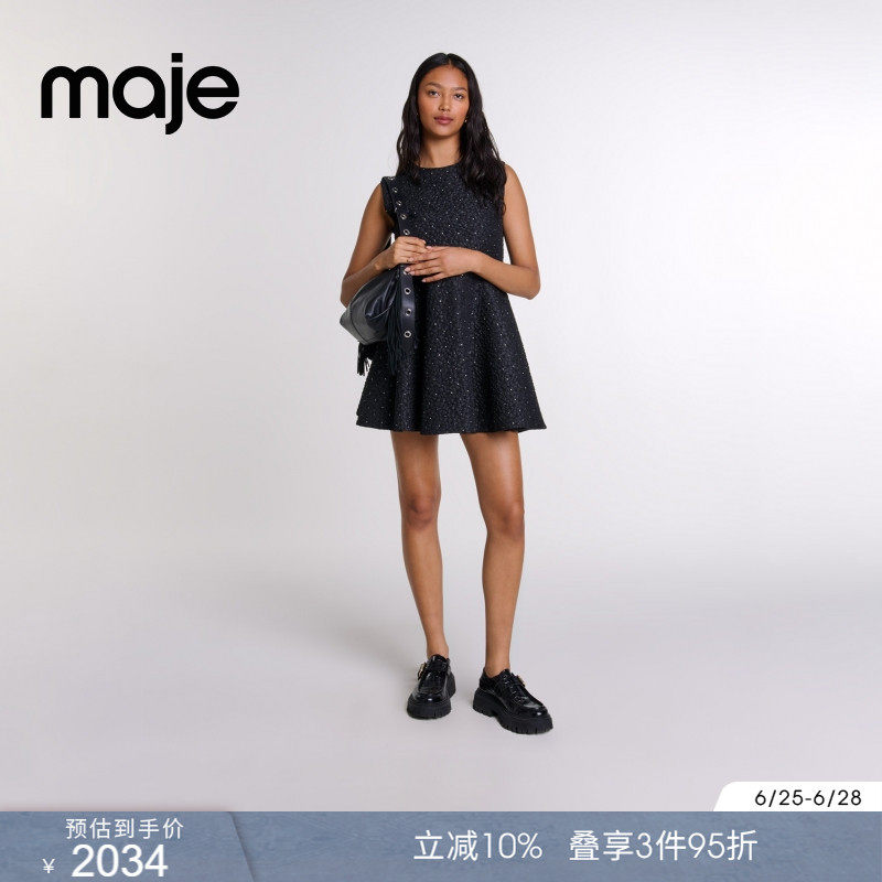 Maje春夏女装法式时尚黑色仿钻装饰收腰无袖短款泡泡裙公主连衣裙