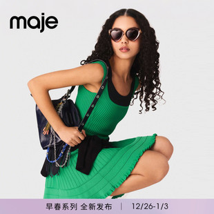 时尚 Maje2026春季 法式 女装 绿色方领荷叶边褶皱下摆吊带连衣裙 新款