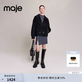 Maje春夏女装 毛呢外套 短款 时尚 休闲羊毛混纺黑色落肩茧型宽松版