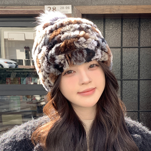 韩版 真獭兔毛皮草帽子冬狐狸毛球针织帽加厚保暖护耳帽防寒包头帽