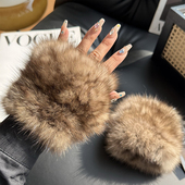 韩国紫貂皮草手套可爱毛绒加厚加绒保暖半指手套弹力漏指半截手套