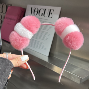 真獭兔毛毛球发箍～秋冬毛绒球可爱卡通洗脸头箍韩国儿童头饰发卡