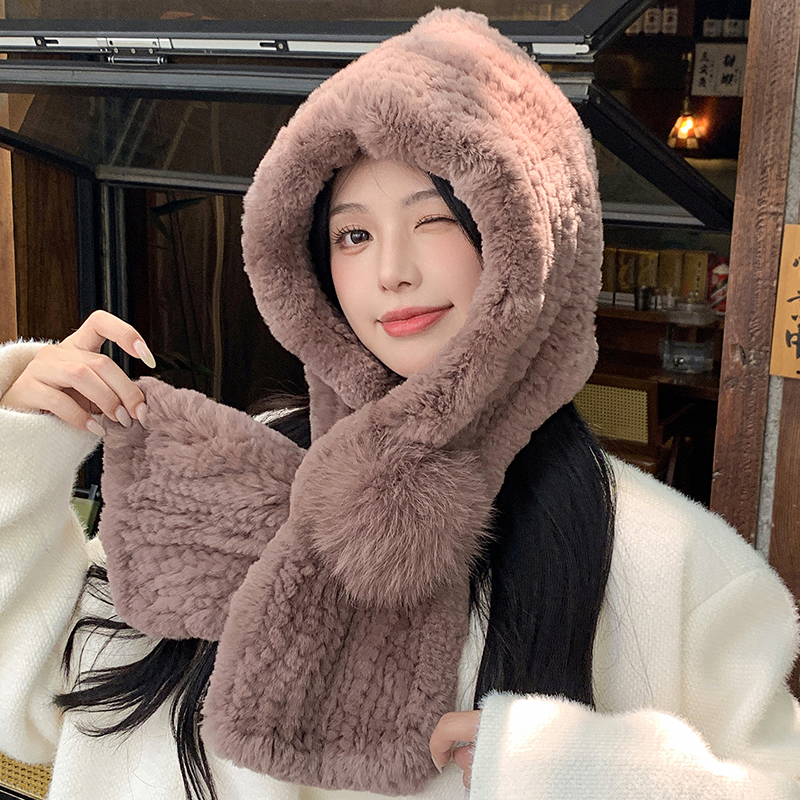 獭兔毛护耳帽风雪帽保暖围巾连帽
