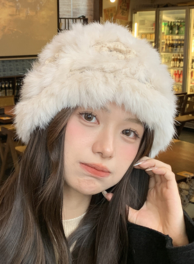 兔毛毛帽子女冬可爱毛茸茸网红皮草秋冬季加厚毛绒保暖毛线针织帽