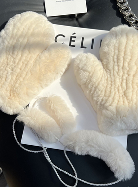 獭兔毛编制手套冬季加绒可爱保暖防风弹力皮草手套真毛连指手套