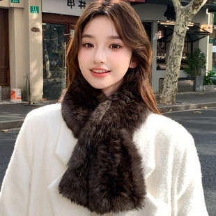 紫貂色兔毛围巾韩版 双面加厚保暖皮草毛领子毛毛围脖 秋冬气质新款