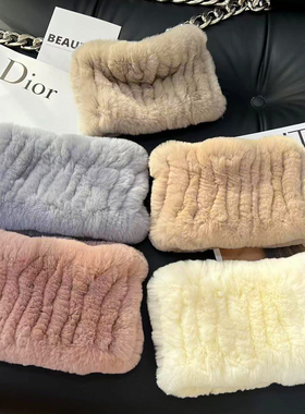 可爱真獭兔毛脖套女冬季弹力网围脖发带百搭毛绒头套保暖皮草围巾