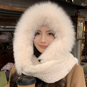 獭兔毛加厚编织风雪帽女围巾帽子一体冬季 保暖皮草毛毛全包护耳帽