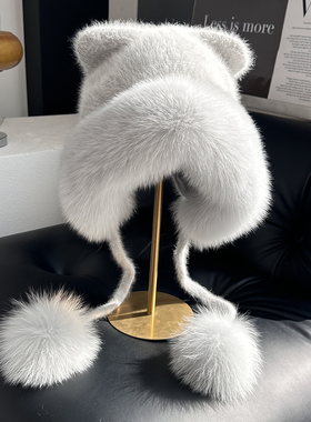 狐狸毛护耳帽东北加厚保暖针织帽狐狸毛皮草雷锋帽显脸小包头帽