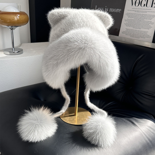 狐狸毛护耳帽东北加厚保暖针织帽狐狸毛皮草雷锋帽显脸小包头帽