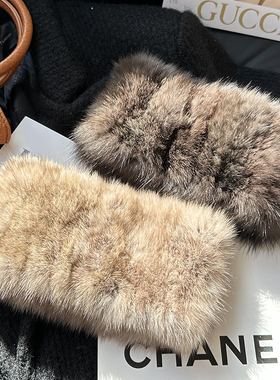 高级感紫貂毛围巾冬女毛毛发箍围脖脖套帽子两用头箍编织发带保暖