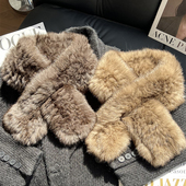 韩版 真兔毛编织围巾女秋冬双面加厚保暖围脖高级感百搭皮草毛领子