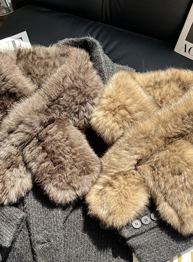 韩版真兔毛编织围巾女秋冬双面加厚保暖围脖高级感百搭皮草毛领子