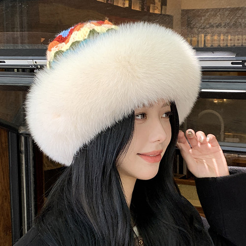 狐狸毛帽子渔夫帽加厚保暖针织帽