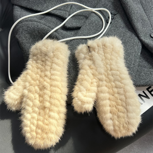 水貂毛皮草手套女冬季保暖貂皮加密编织全指手套连指挂绳弹力手套