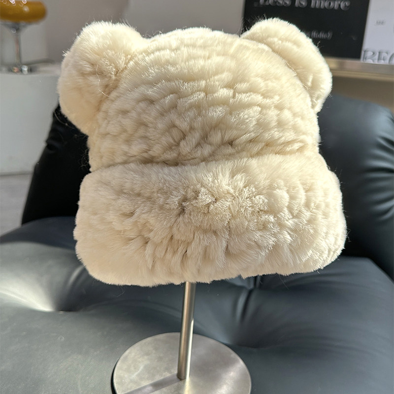 可爱小熊帽子獭兔毛渔夫帽加厚毛线帽防寒包头帽保暖皮草毛毛帽冬