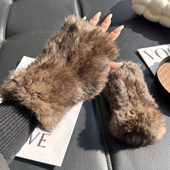 紫貂色真兔毛手套加厚保暖漏指护手腕半指手套办公室键盘打字手套