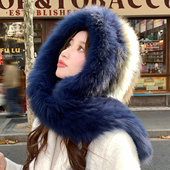 狐狸毛风雪帽冬季 走秀款 普鲁士蓝 保暖旅行围巾帽子真皮草披肩女