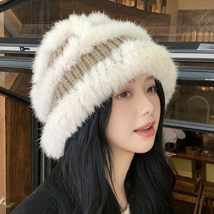 真兔毛帽子女冬百搭渔夫帽显脸小盆帽美拉德加厚毛绒保暖针织冷帽