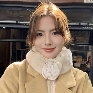 獭兔毛双面整皮皮草围巾韩版 护颈毛领子 吸扣气质花朵保暖围脖冬季