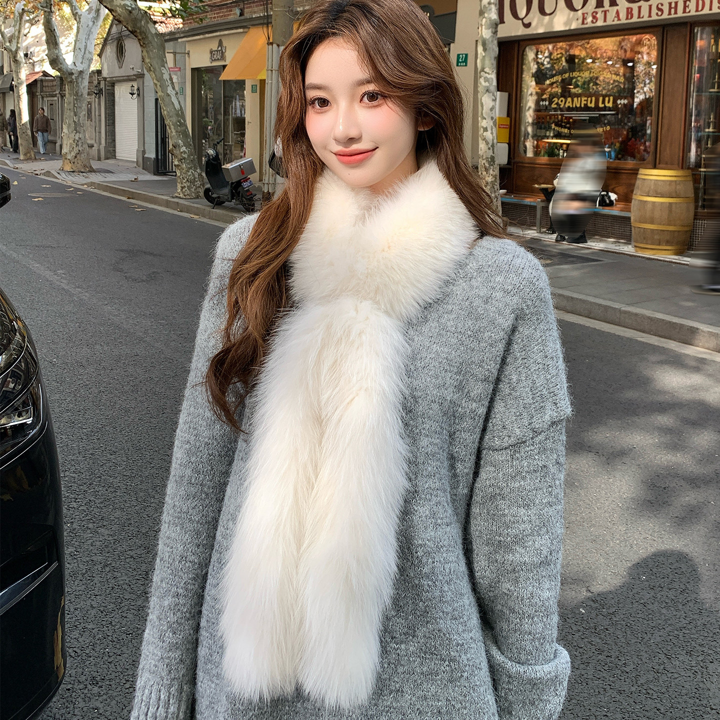 韩版整皮狐狸毛围巾女冬季皮草时尚气质高级大毛领子双面流苏围脖