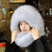 双面真狐狸毛风雪帽皮草围巾帽子一体帽东北滑雪帽保暖加厚包头帽
