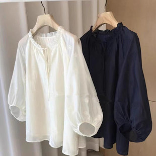 300斤宽松显瘦别致长袖 复古大码 女夏胖mm2 刺绣衬衫 上衣ins 灯笼袖