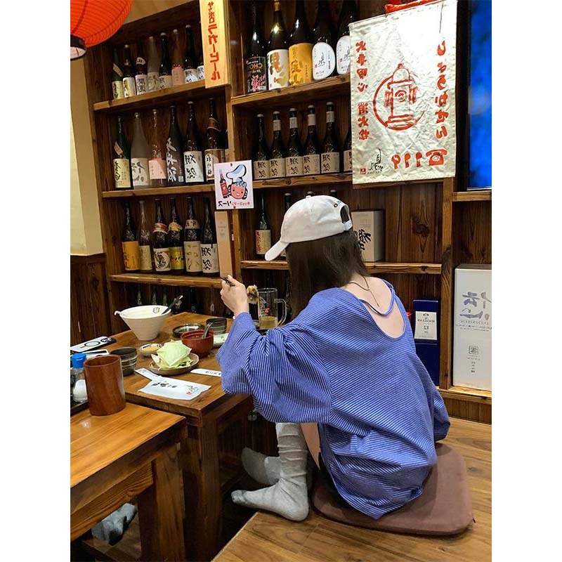 大码韩版慵懒蓝色条纹露背长袖T恤春夏季薄款胖MM防晒罩衫上衣女