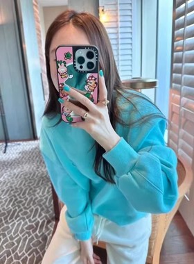 大码300斤多巴胺风宽松加绒卫衣女长袖浅蓝色套头上衣显瘦韩系ins