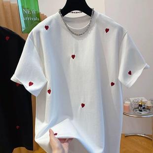 2-300斤加大码女装夏季新款时尚显瘦胖mm百搭爱心刺绣短袖上衣女