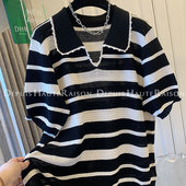 胖MM特大码 T恤宽松独特上衣女 针织衫 300斤法式 气质娃娃领条纹短袖