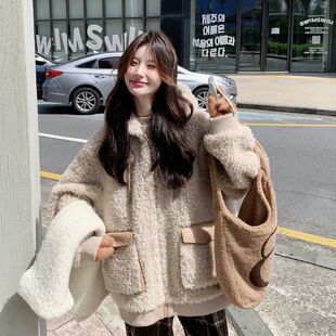300斤胖mm韩系俏皮减龄连帽羊羔毛外套女2026冬季新款设计感棉服2
