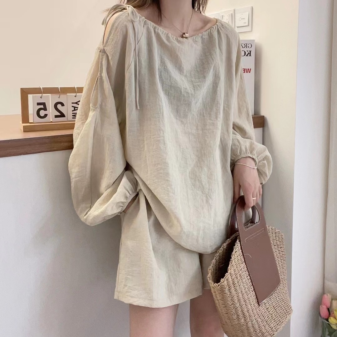 特大码300斤胖妹妹灯笼袖防晒衬衫短裤套装女休闲夏装露肩两件套